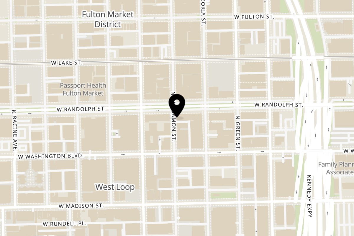 Map showing the location of Nonna's Pizza & Sandwiches on 925 W Randolph St in Chicago